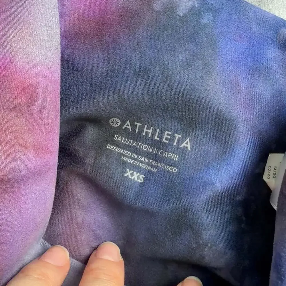 Athleta Salutation II Capri Leggings Size XXS Purple Blue Tie Dye Women’s
